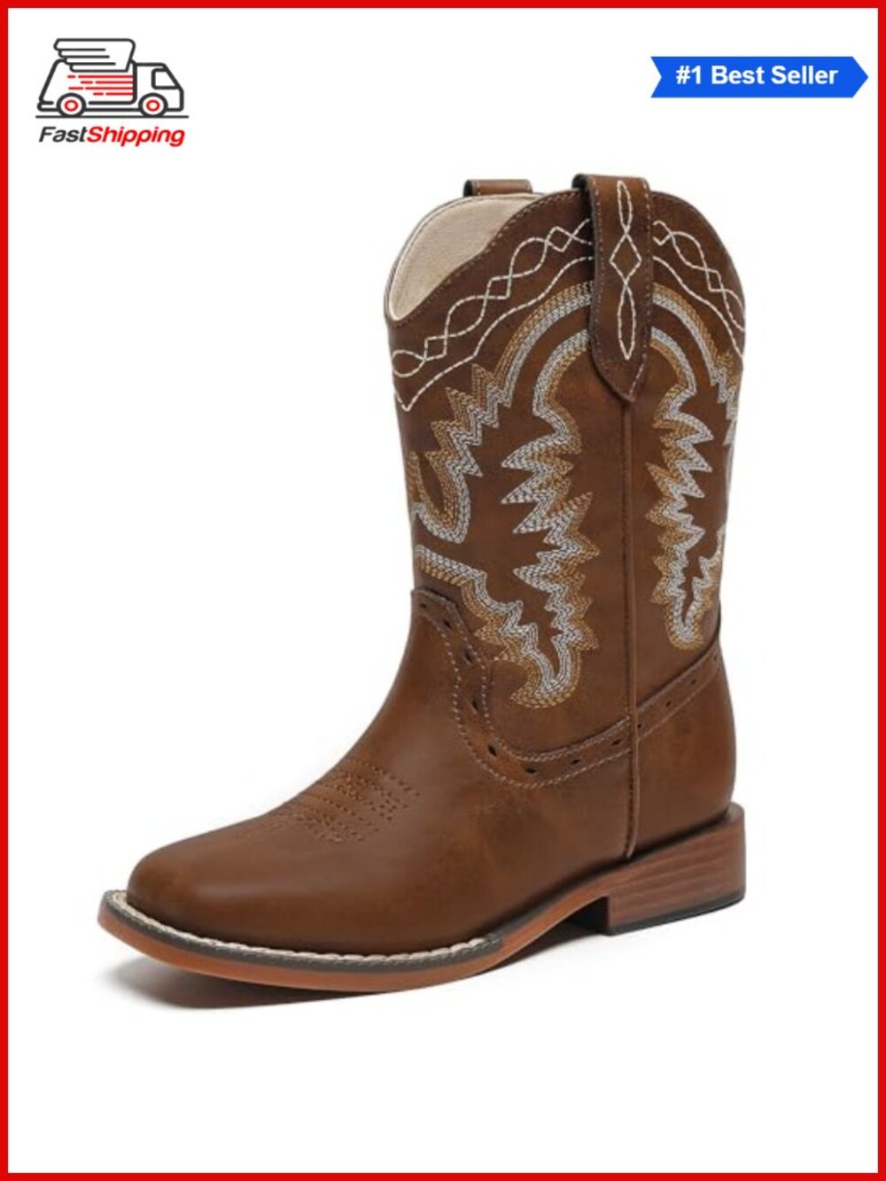 ✨ Parrosoo Kids Cowboy Boots Boys Girls Western Square Toe Pull Tabs Low Heel